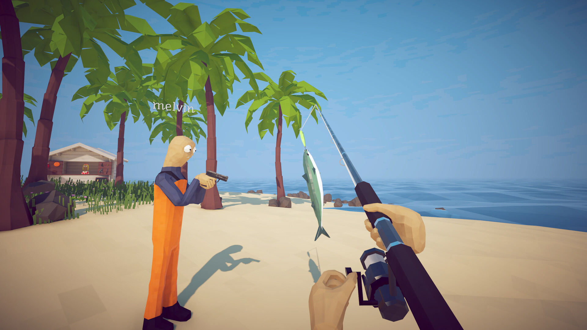 A fishing rod in use at the Island 3 beach in How to Fish